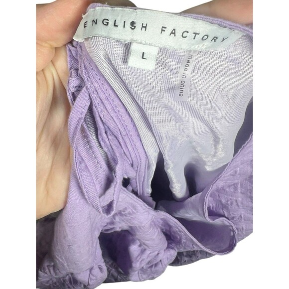 English Factory Lilac Textured Puff Sleeve Mini Dress L Tiered Back Tie Babydoll - Picture 9 of 11